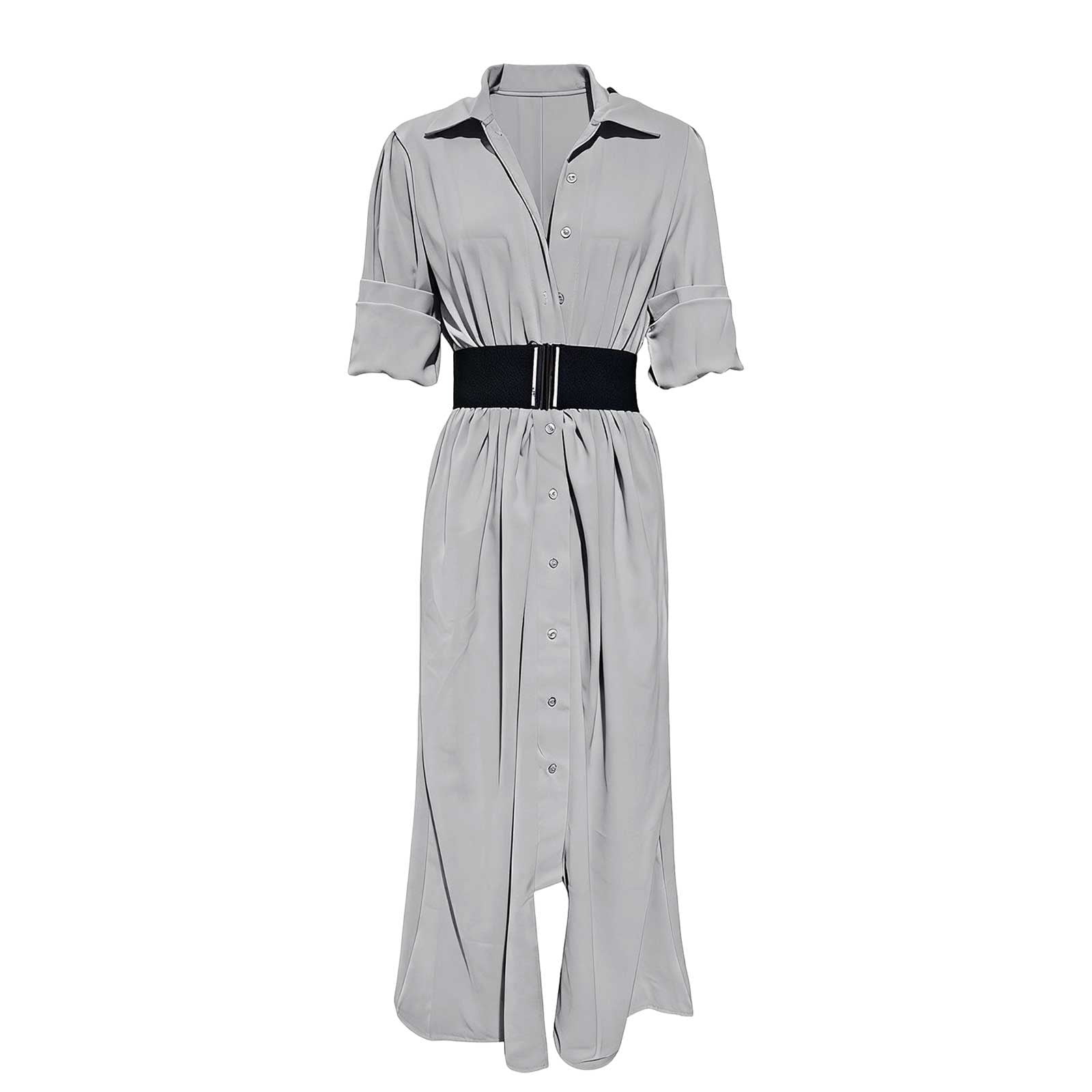YueHuiYing Women's Single Breasted Shirt Lapel Elegant Belt Slim Fit Pleated Long Sleeves Solid Color Slit Party Dress