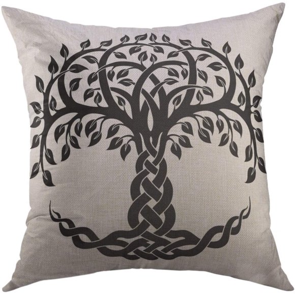 Decorative Throw Pillow Cover Couch Sofa,Black Floral Celtic Tree Life White Knot Round Home Decor Pillow case 18x18 inch