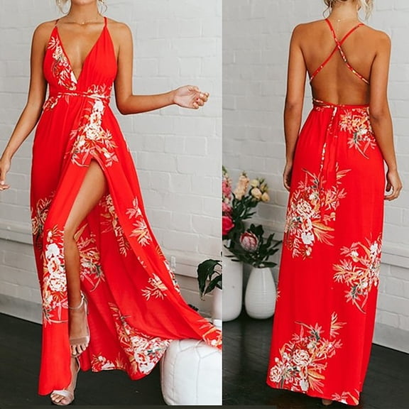 ClodeEU Women'S Summer Sexy Printed Halter Slit Beach V-Neck Sling Dress Red 6(M)