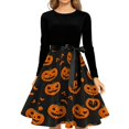 thumbnail image 4 of Halloween Dresses for Women Ghost 1950s Long Sleeve Fall Swing Dress Bat Hepburn Crew Neck Funny Dresses with Belt 2XL, 4 of 5