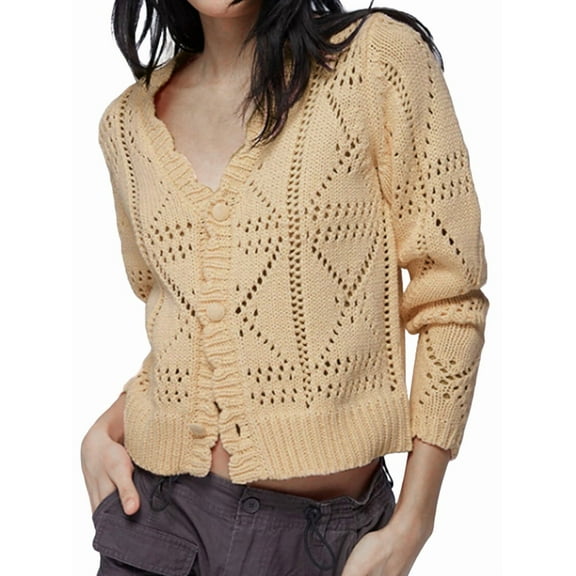 Women'S 2025 Spring Autumn Winter Short Cardigan Sweater Top Long Sleeve V-Neck Cardigan Jacket Casual Knitwear Apricot S