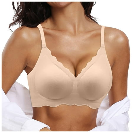 PEASKJP Womens Bras Womens Comfortable Wireless Bras Push Up Seamless Bralettes Soft V Neck Brassiere Scalloped Full Coverage Everyday Bra (Beige M)