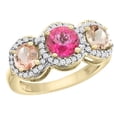 thumbnail image 1 of 14K Yellow Gold Natural Pink Topaz & Morganite Sides Round 3-stone Ring Diamond Accents, size 6, 1 of 2