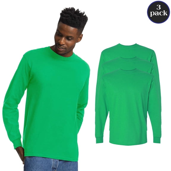 Gildan Men's Ultra Cotton Long Sleeve T-Shirt, Rib Cuffs Crewneck Bulk Tee, Irish Green, 3-Pack, S