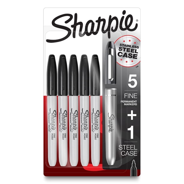 Rotuladores permanentes SHARPIE con estuche de acero inoxidable, punta fina, negros, 6 unidades