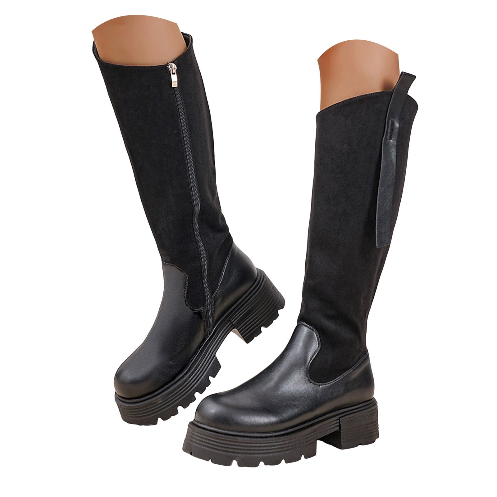 Dakaela Women's Knee High Boots Black Lug Sole Stretch Tall Boot