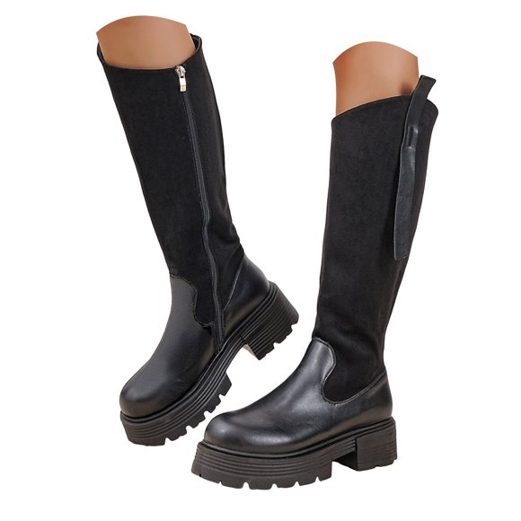 Dakaela Women's Knee High Boots Black Lug Sole Stretch Tall Boot Comfortable Chunky Heel Platform Dress Shoes