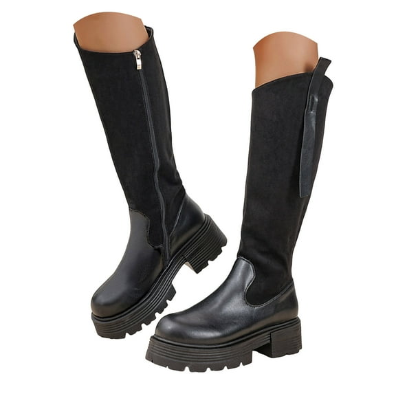 Dakaela Women's Knee High Boots Black Lug Sole Stretch Tall Boot Comfortable Chunky Heel Platform Dress Shoes