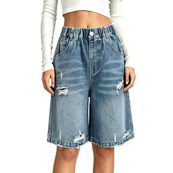 UACY Girls Denim Shorts Y2k Ripped Bermuda Shorts Baggy Wide Leg Distressed Jorts Summer Short Jeans 