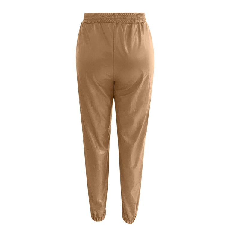 JWZUY Womens Solid Faux PU Leather Sweatpants Ankle Length Drawstrijg  Elastic Waist Pant Dressy Jogger Pants Khaki XXL