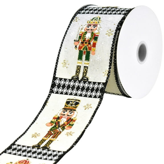 Homeford Christmas Nutcracker Harlequin Faux Linen Wired Ribbon, 2-1/2-inch, 10-yard, Ivory