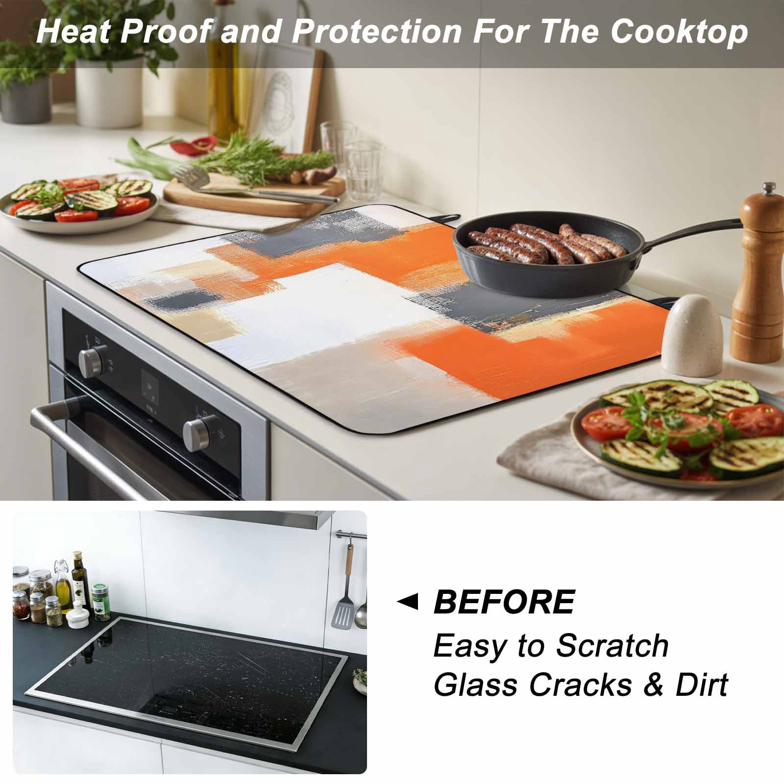 Burnt Orange Gray Stove Top Cover for Electric Stove, Heat-proof & Non Slip Glass Top Stove Cover Protector, Modern Abstract Oil Painted Geometric Kitchen Flat Cooktop Rubber Mat 24x21 Inches