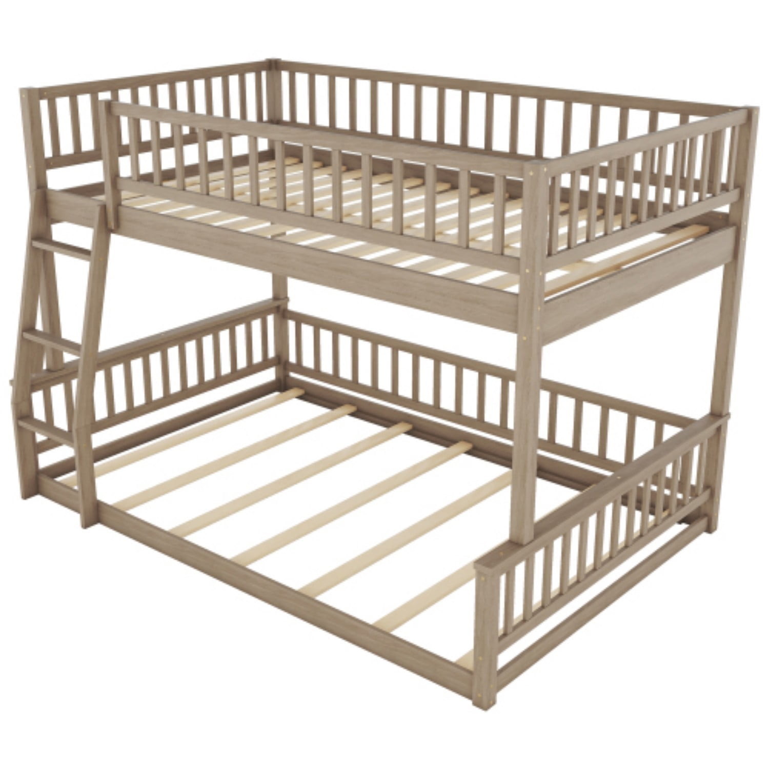 Full XL Over Queen Bunk Bed with Ladder, Convertible Wood Bunk Bed Frame with Safety Guardrails, Solid Pine Wood Space Saving Bed for Bedroom, Walnut
