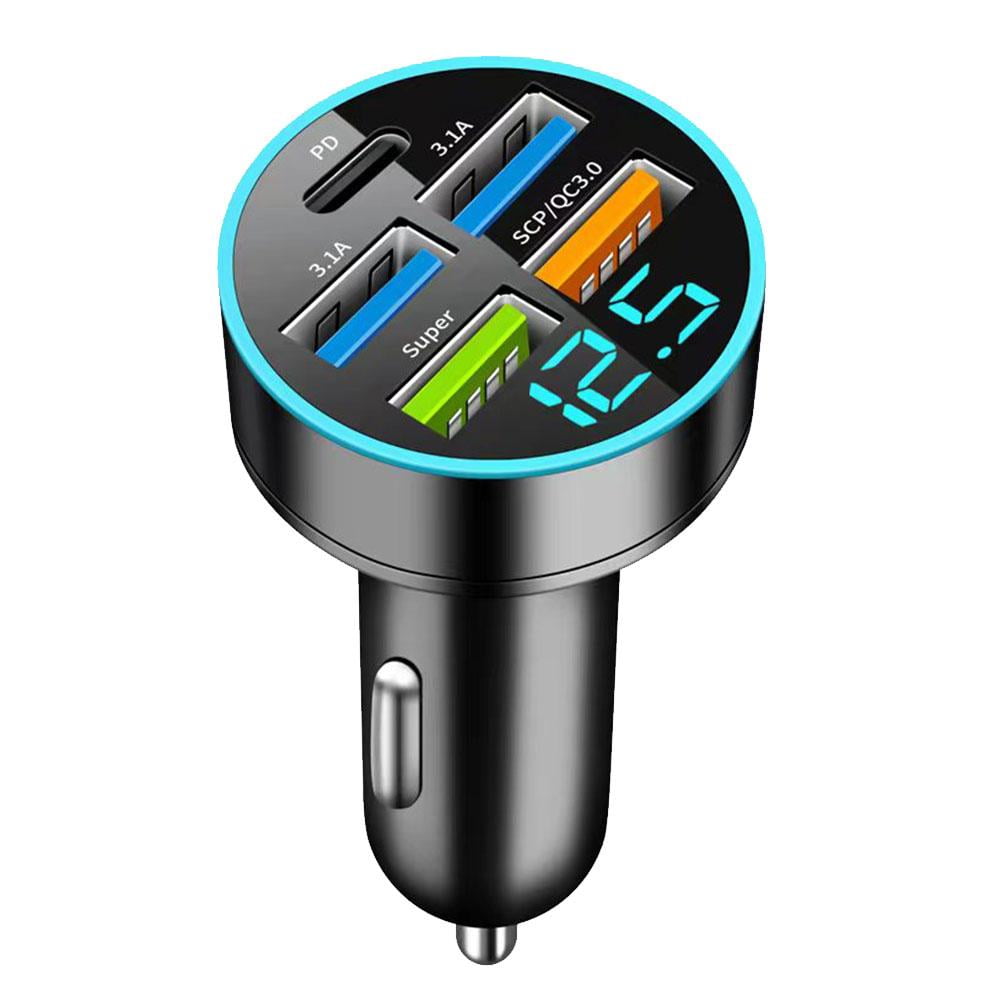 Multi-Port Car Charger with LED Display, 4 USB Outputs with QC3.0, 12-24V Input for Vehicles, Safety Protection for Devices and Battery and Travel Charging