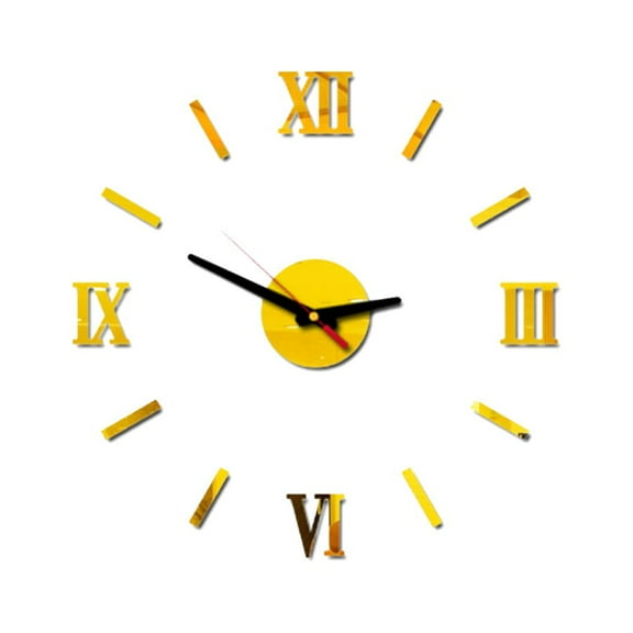 WSTEER Frameless DIY Wall Clock Roman Numbers Adhesive Modern Art Wall Clock Silent 3D Acrylic Sticker Home Decorations for Living Room Bedroom - Golden (GZ-034)