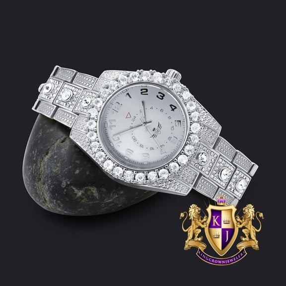 Solitaire 14K White Gold Tone Simulated Diamond Water Resistance Steel Back Metal Band Watch 40mm