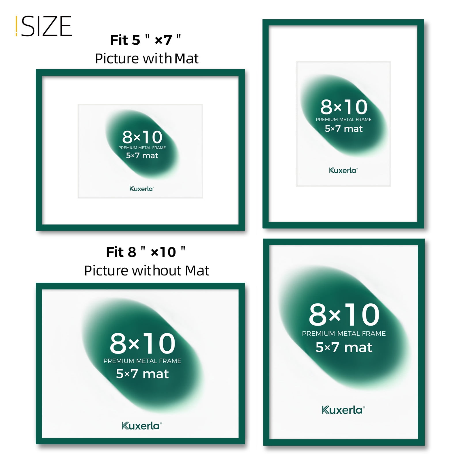 Kuxerla 2 Pack 8x10 Picture Frame Holds 5x7 Picture with Mat or 8x10 Picture without Mat,With Clear Acrylic Front and MDF Back Panel,Green