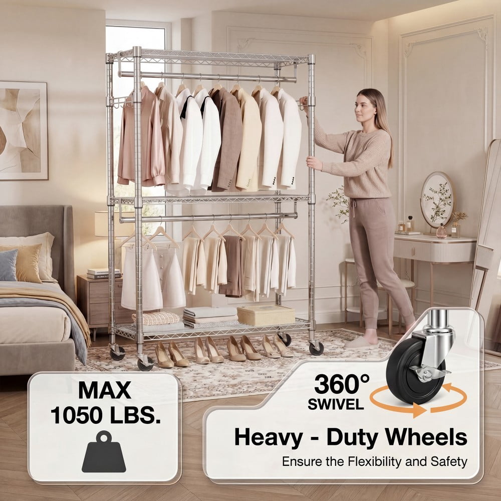 Heavy Duty Rolling Garment Rack, 3-Tier Adjustable Wire Shelving Clothes Rack with 2 Hanging Rods, Side Hooks & Lockable Wheels, Chrome