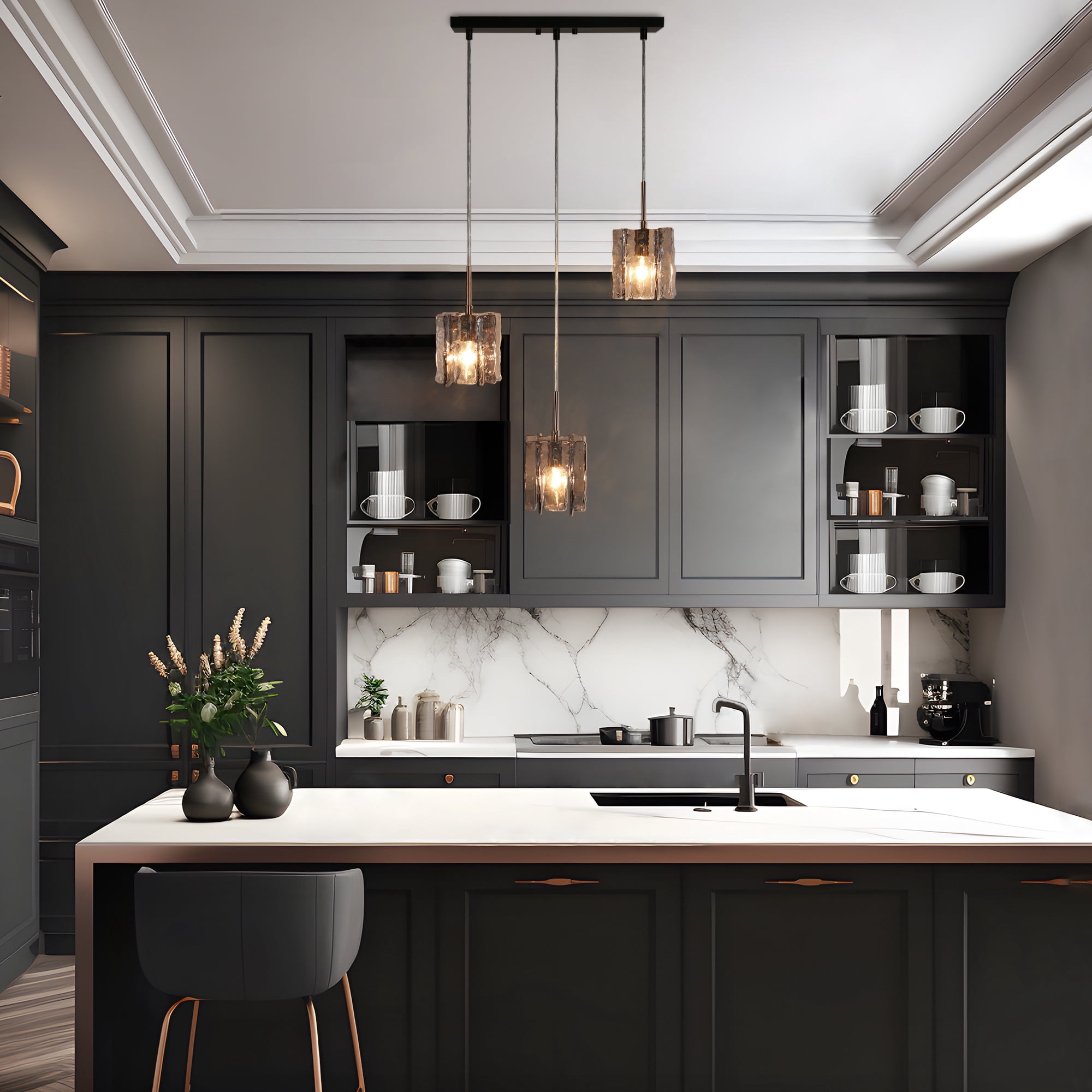 LNC 3-Light Modern  3-Light LED Smoke-Gray Cluster Pendant Light with Ribbed Glass