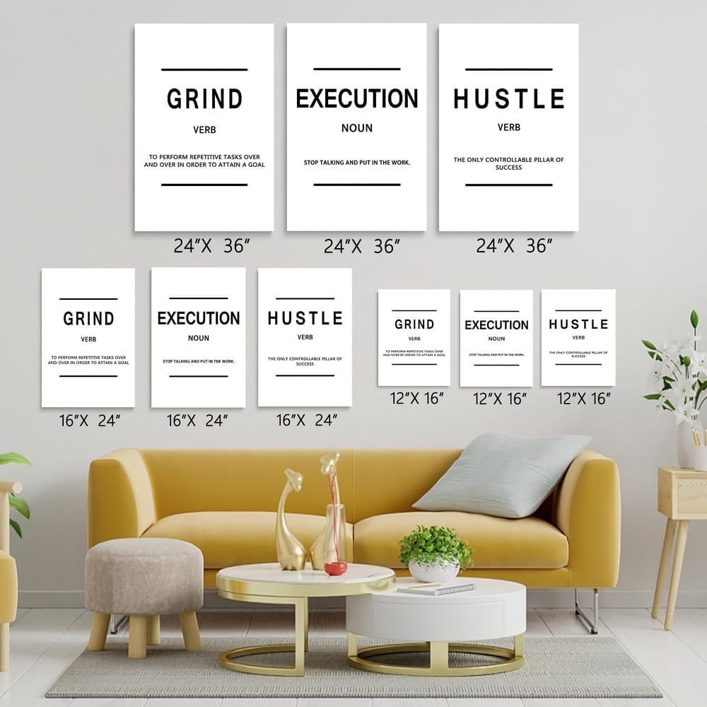 Black and White Framed Canvas Inspirational Painting Wall Art Grind Hustle Execution Motivational Wall Art Decoration Posters Prints for Living Room Bedroom Office Decor Ready to Hang 12"x16"