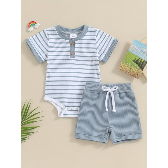 Baby 2 Piece Outfits Summer Striped Short Sleeve Romper and Elastic Shorts Set for Toddler Newborn Girl Boy