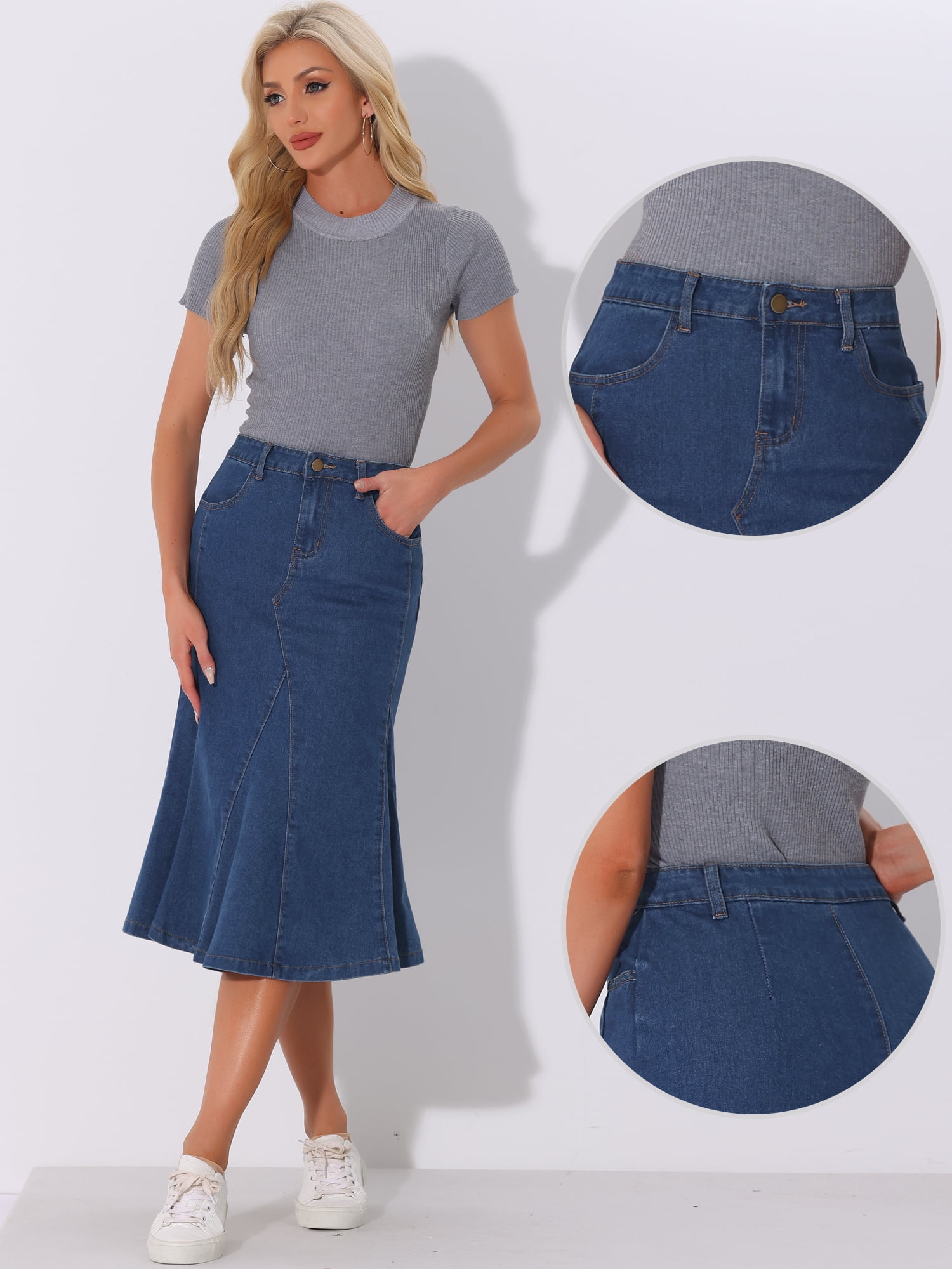DARING DIVA Women's High Waisted A-Line Flared Midi Casual Denim Skirt S Medium Blue