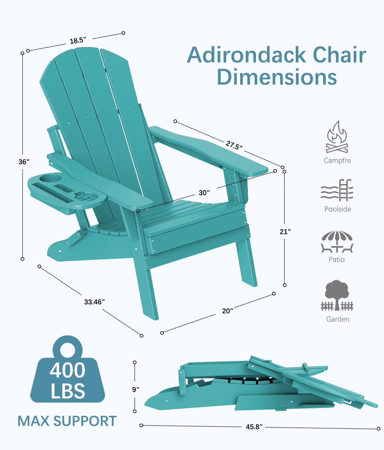 FOOWIN Adjustable Backrest Folding Adirondack Chair Set of 2, HDPE Weather Resistant Adirondack Chair with Cup Holder, Fire Pit Chair, Lake Blue
