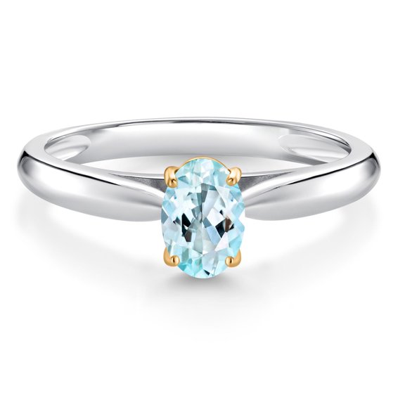 Gem Stone King 0.50 Ct Oval Sky Blue Topaz 10K White and Yellow Gold Solitaire Engagement Ring (Size 8)