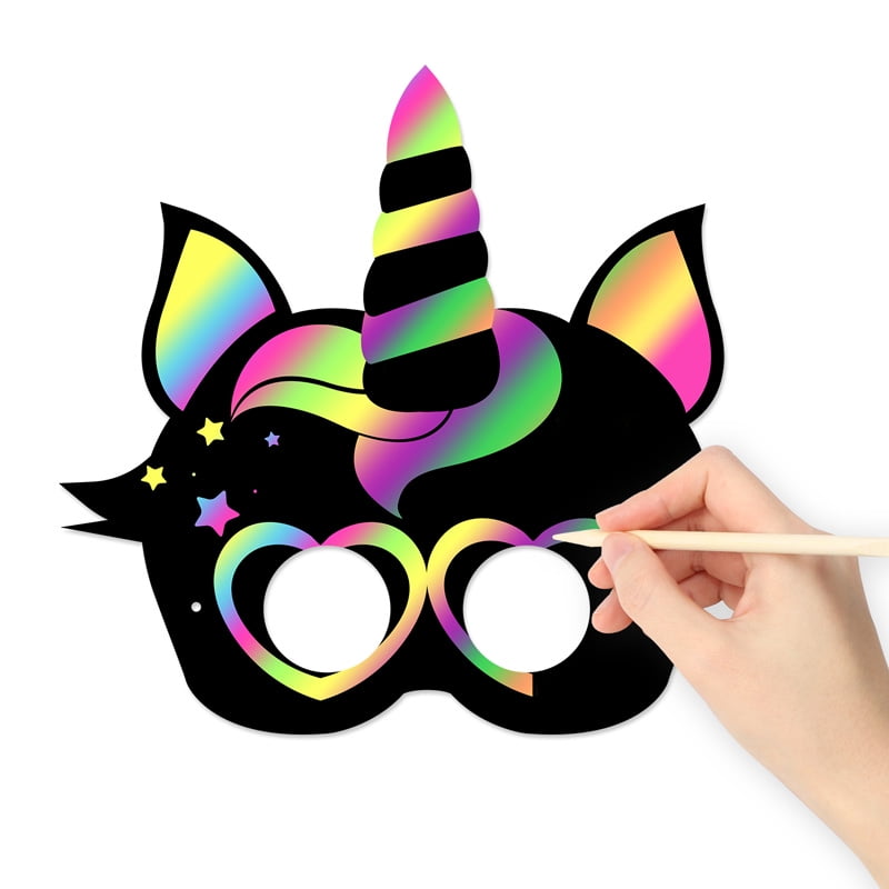Belanttega Unicorn Scratch Art Mask Set - 24 Pack DIY Rainbow Reveal Masks for Craft Activities, Birthday Party Favors Family Interactive Supplies