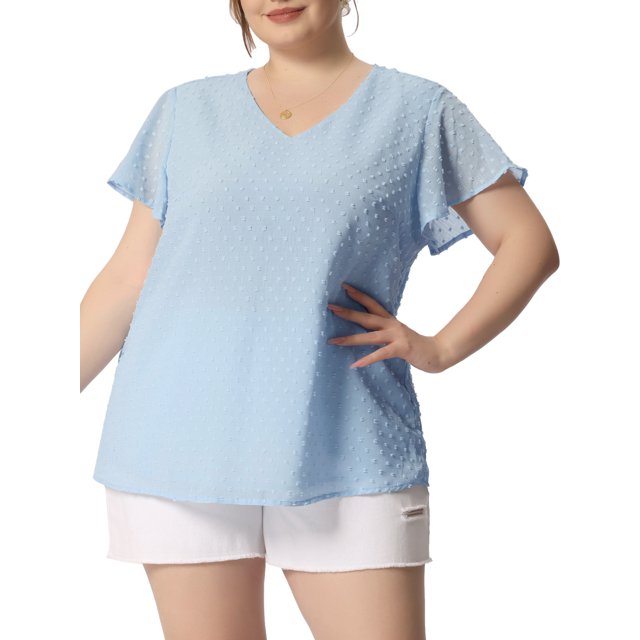 Blusa de verano para mujer de talla grande Agnes Orinda, con cuello en V, mangas acampanadas y puntos suizos, 1X azul cielo
