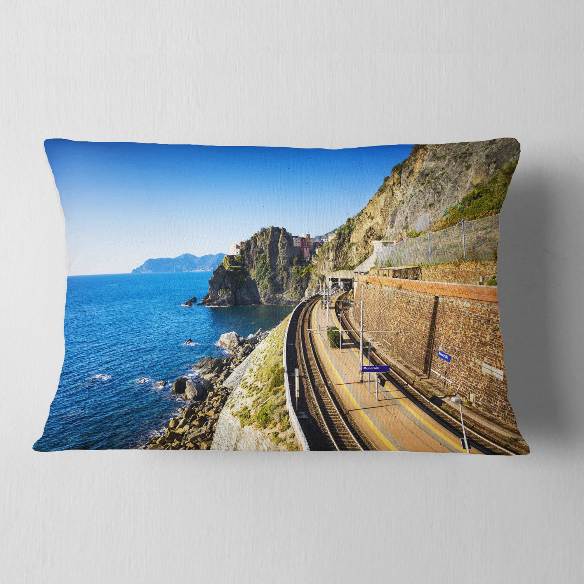 Designart Train and Railroad Station in Manarola - Landscape Wall Throw Pillow - 12x20