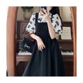thumbnail image 2 of Vestido de mujer manga corta abombada cuello vuelto cintura elástica vestido falso de dos piezas para fiesta escolar diario negro L, 2 of 8