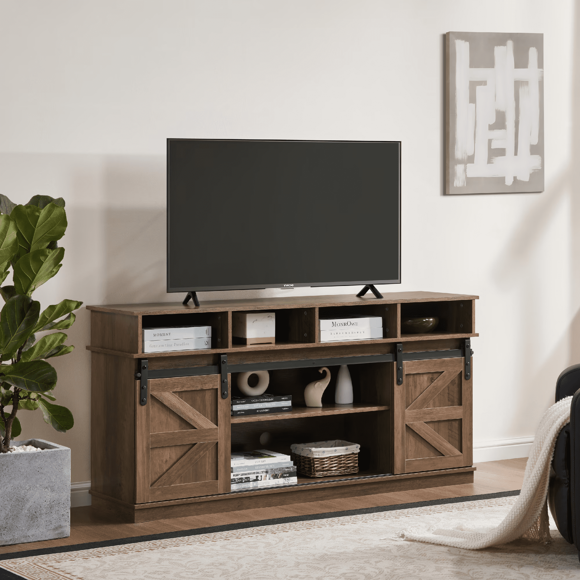 MAYEERTY TV Stand with Sliding Barn Door, 65” TV Entertainment Center, Brown