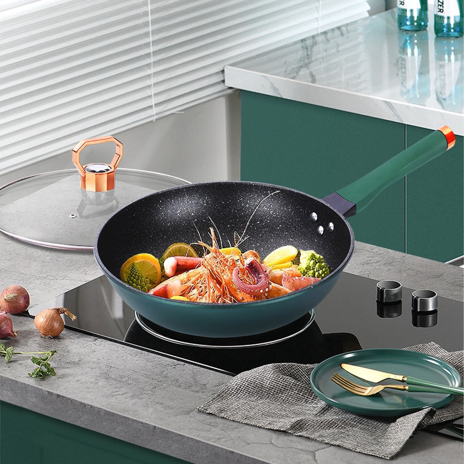 Nonstick Wok with Lid,12 inch Stir-Fry Pans with Anti-Scald Handle & Steamer Basket, Flat Bottom Woks Pan, Multifunctional Cooking Wok Deep Frying Pan, Non Stick Stir-Fry Pan Suitable All Stovetops,