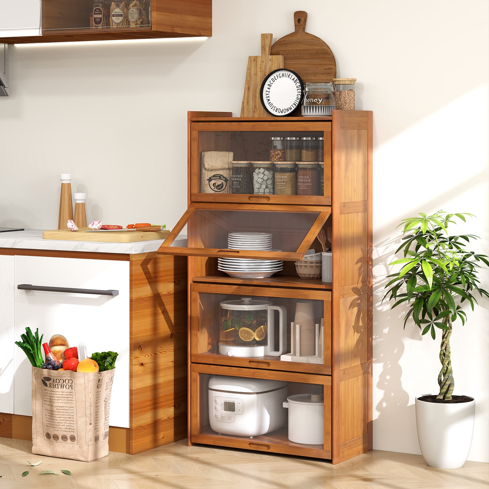 Gymax 4-Tier Bamboo Bookshelf w/Doors See-through Acrylic Doors Freestanding Bookcase Brown