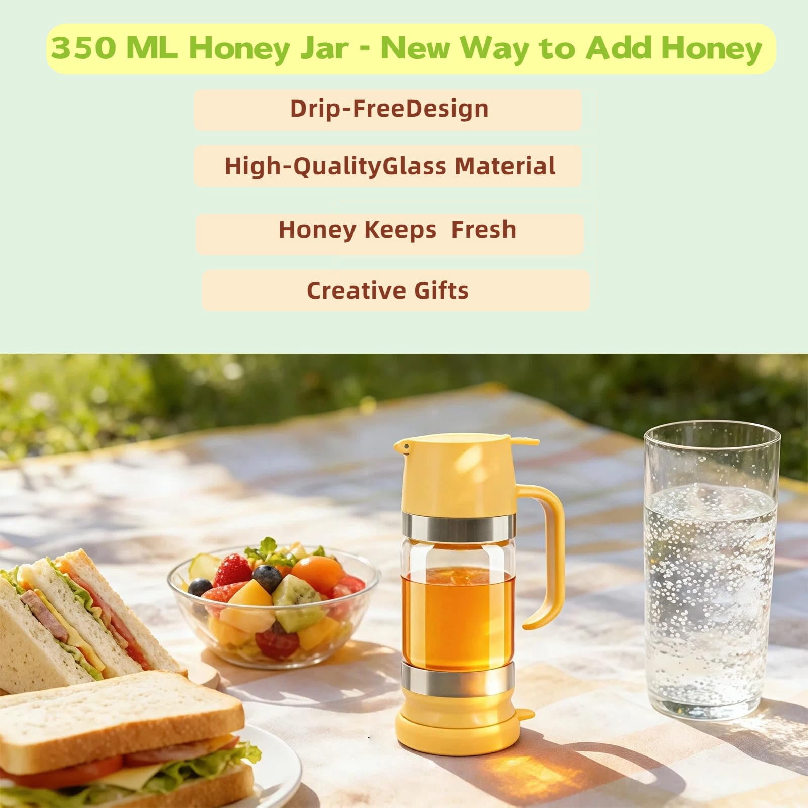 Honey Dispenser No Drip with Base 2026 Upgrade,  12OZ Glass Honey Jar pot with Handle, Syrup Dispenser for Coffee or Tea, Mess Free Honey Dispenser for Honey and Syrup