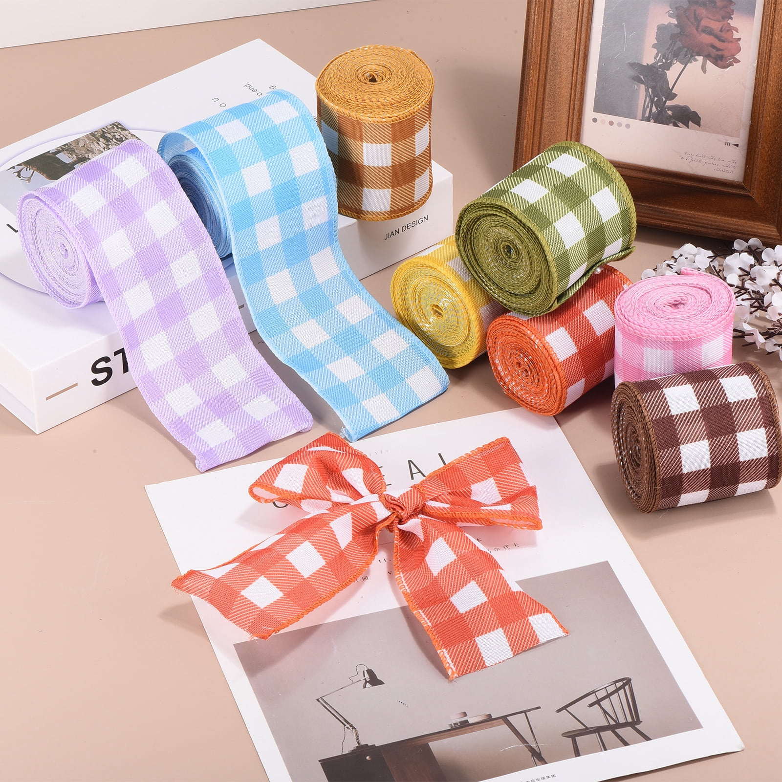 Uxcell 30 Yards x 2.5" Buffalo Plaid Ribbon, Yellow and White Gingham Ribbon for Thanksgiving Bow Wreath Craft