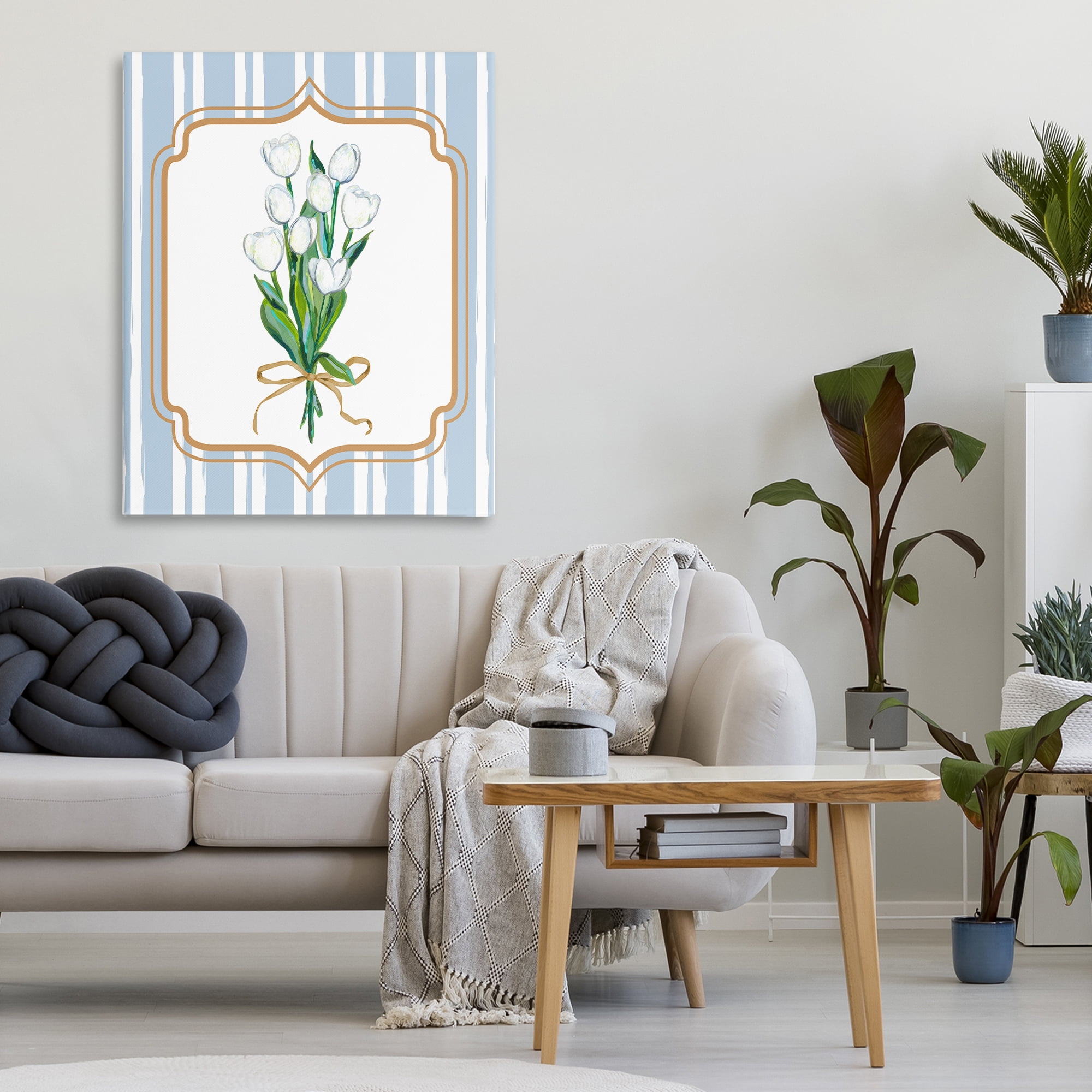 White Tulip Bouquet & Stripes Canvas Wall Art, design by Adonna Ebrahimi