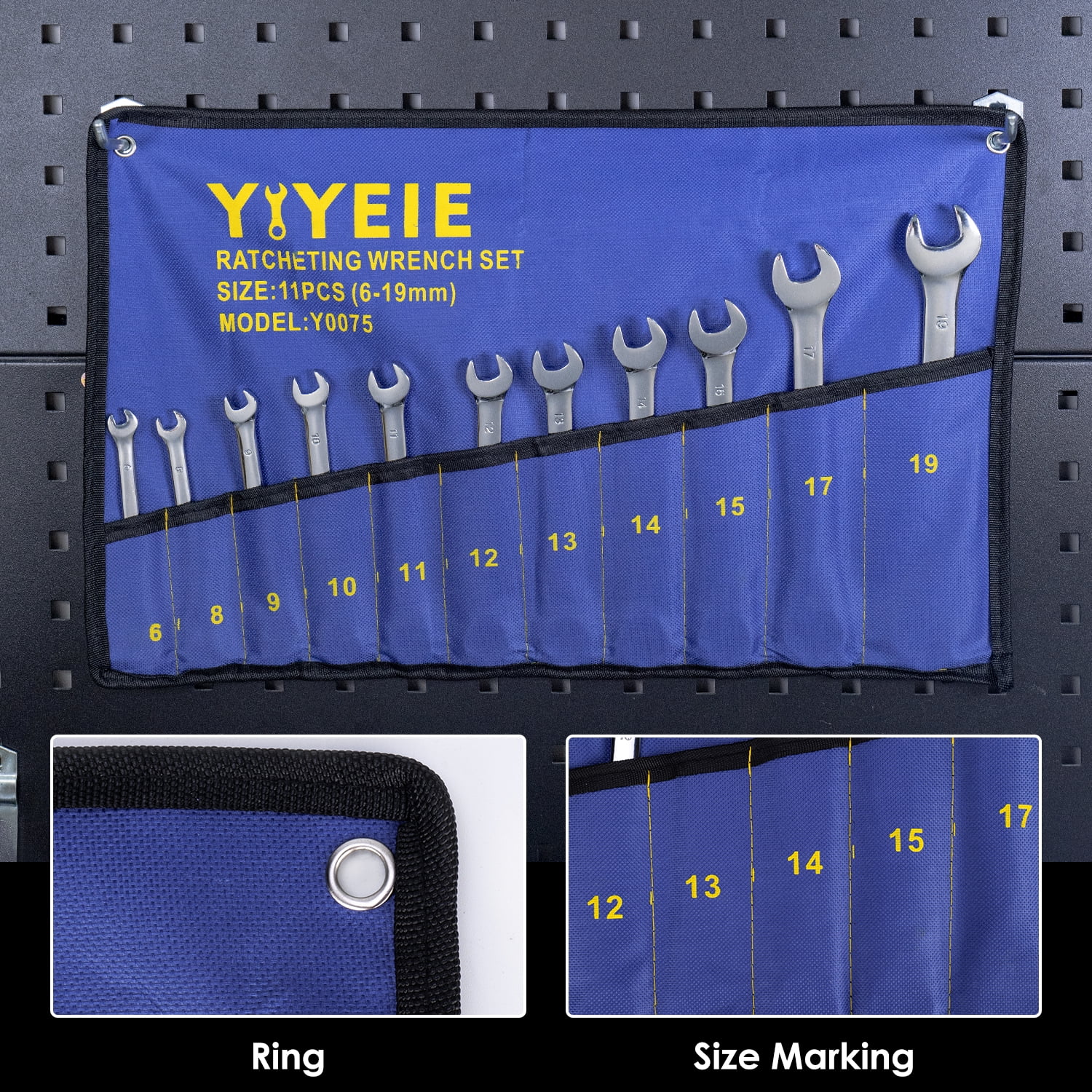 11Pcs Metric Ratcheting Wrench Set , Sizes 8-19mm, Combination Wrench Set in Cr-V Steel with Wrench Storage Pouch