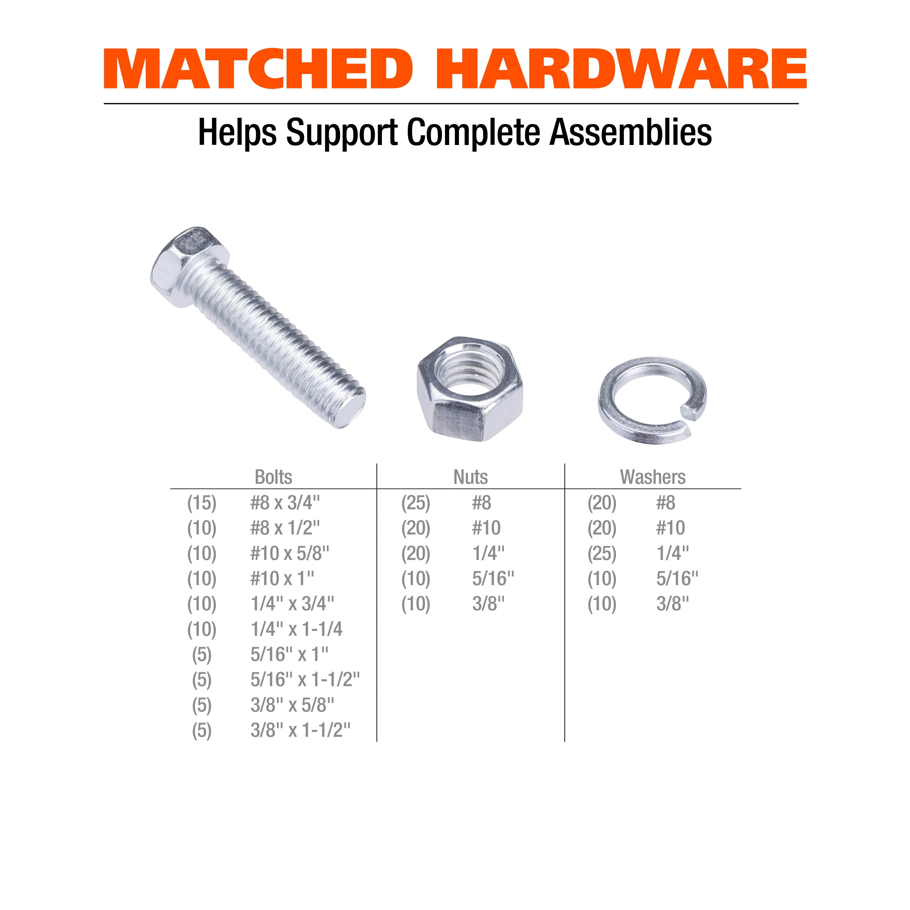 Great Neck Tools 255-Piece SAE Nut & Bolt Assortment Set, Silver, Machine Bolts, Hex Nuts, & Split Washers