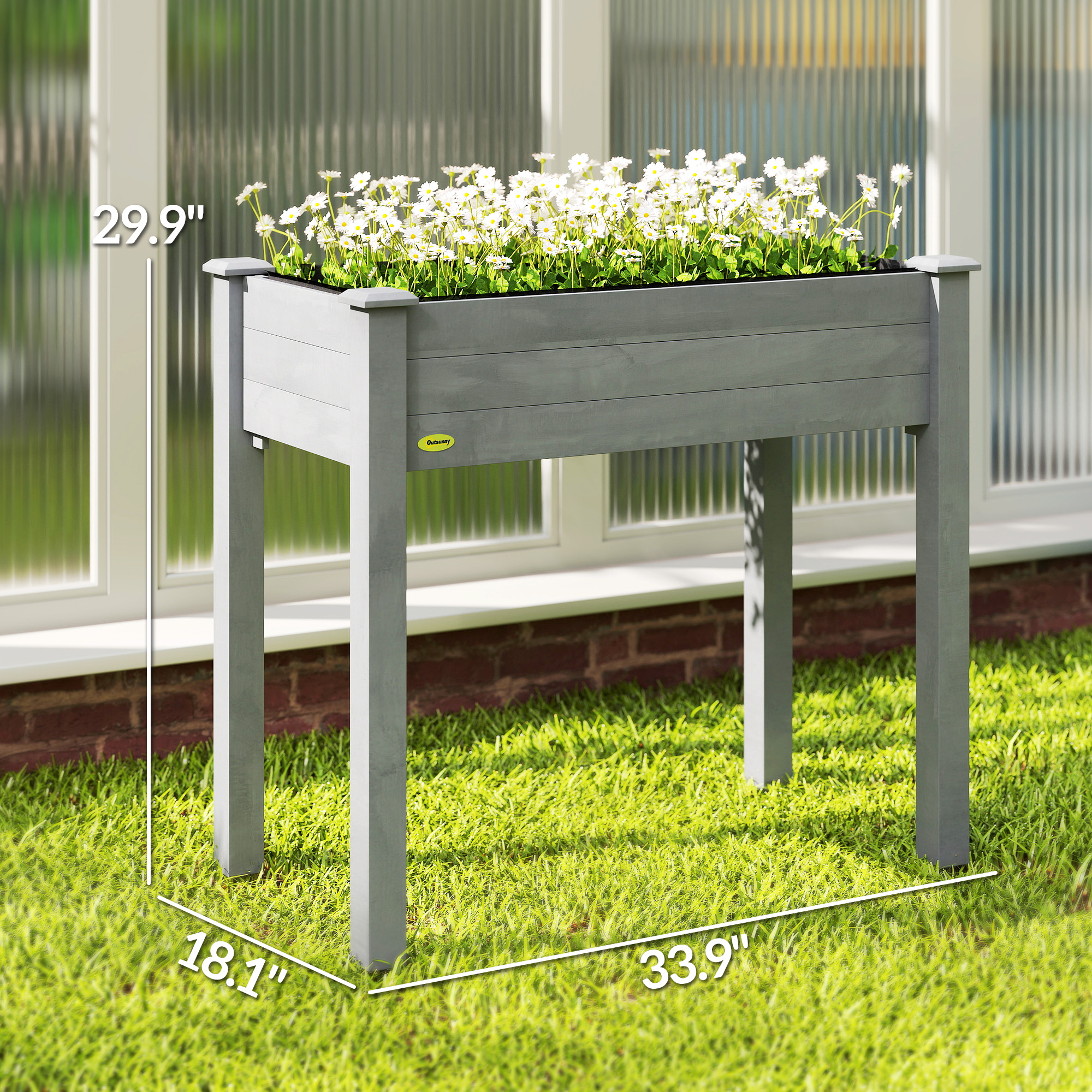Outsunny 34" Raised Garden Bed, Elevated Wooden Planter Box w/ Draining Holes for Vegetables, Herb and Flowers Backyard, Patio, Balcony Use, Dark Gray