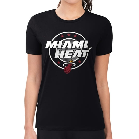 Women's G-III 4Her by Carl Banks Black Miami Heat Super-Slim Lightweight Pinstripe Circle Graphic T-Shirt