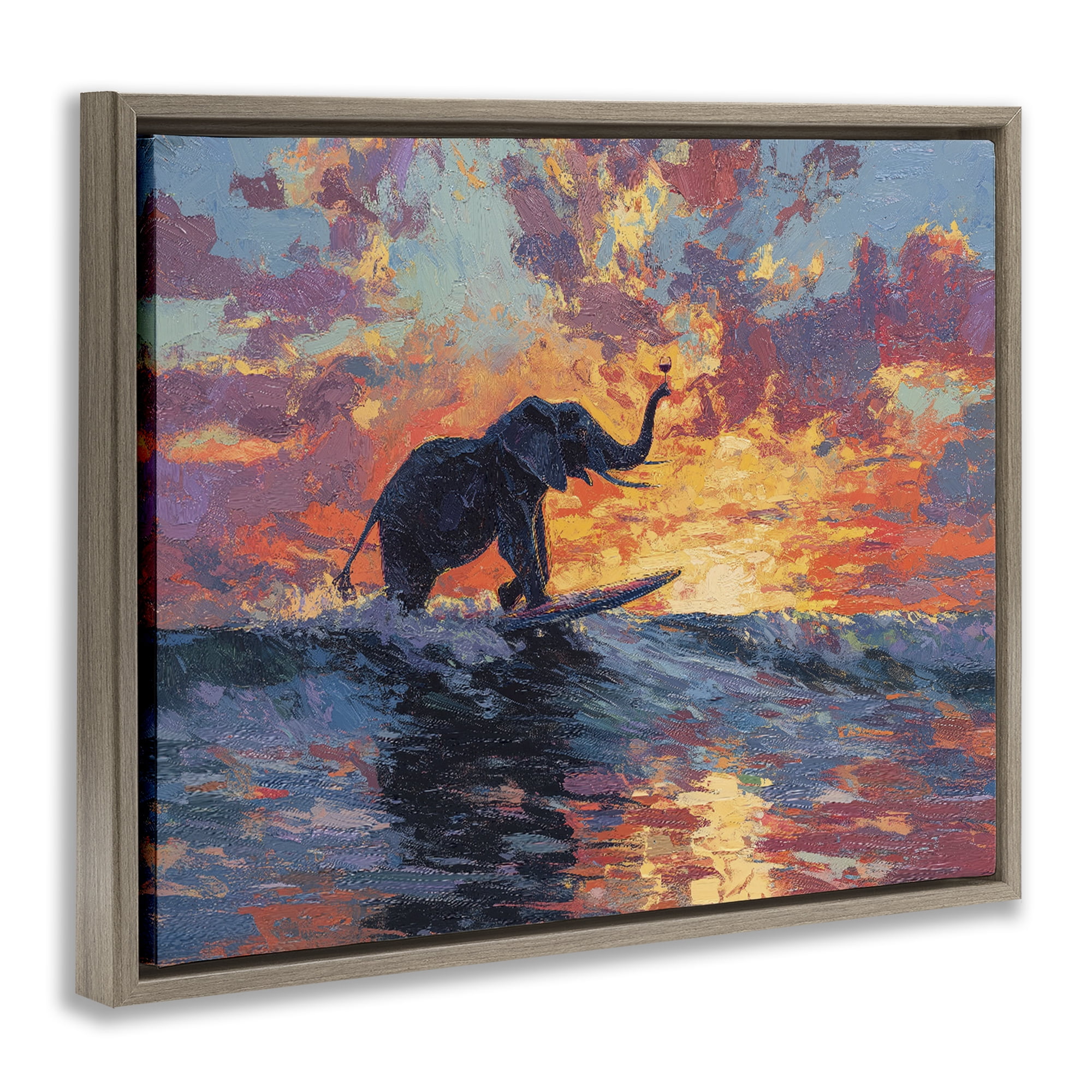 Sunset Surf Elephant Brown Framed Floater Canvas Wall Art, design by Ziwei Li