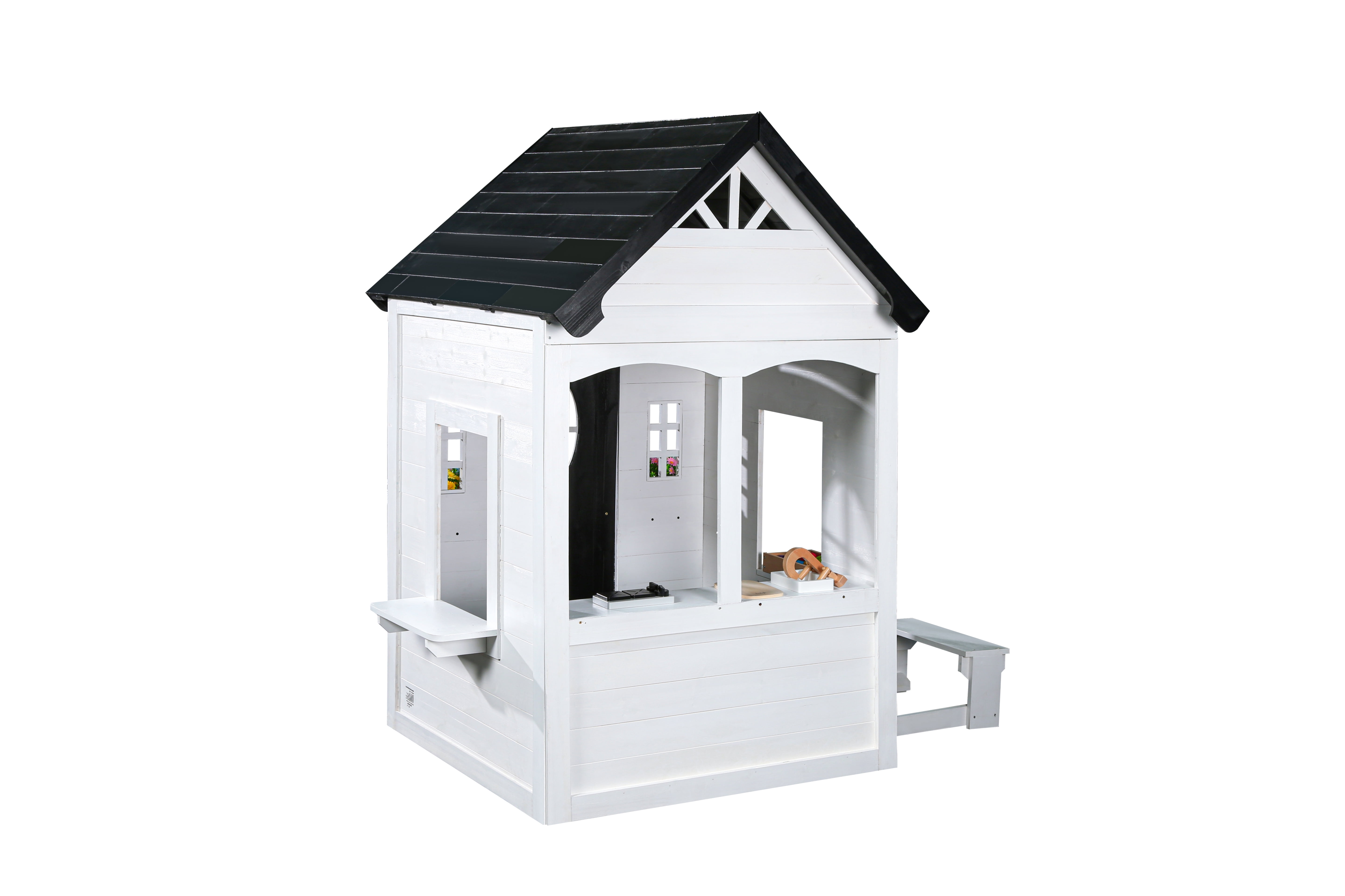 2MamaBees Zahara Playhouse | White & Black Farmhouse Design with Kitchen and Garden