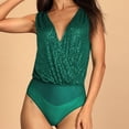 thumbnail image 2 of Penkiiy Sparkle Sequin Bodysuit For Women V-Neck Cowl Back Shiny Glitter One-piece Top Bodysuits with Sheer Mesh Thong Green Shapewear Tummy Control, 2 of 9