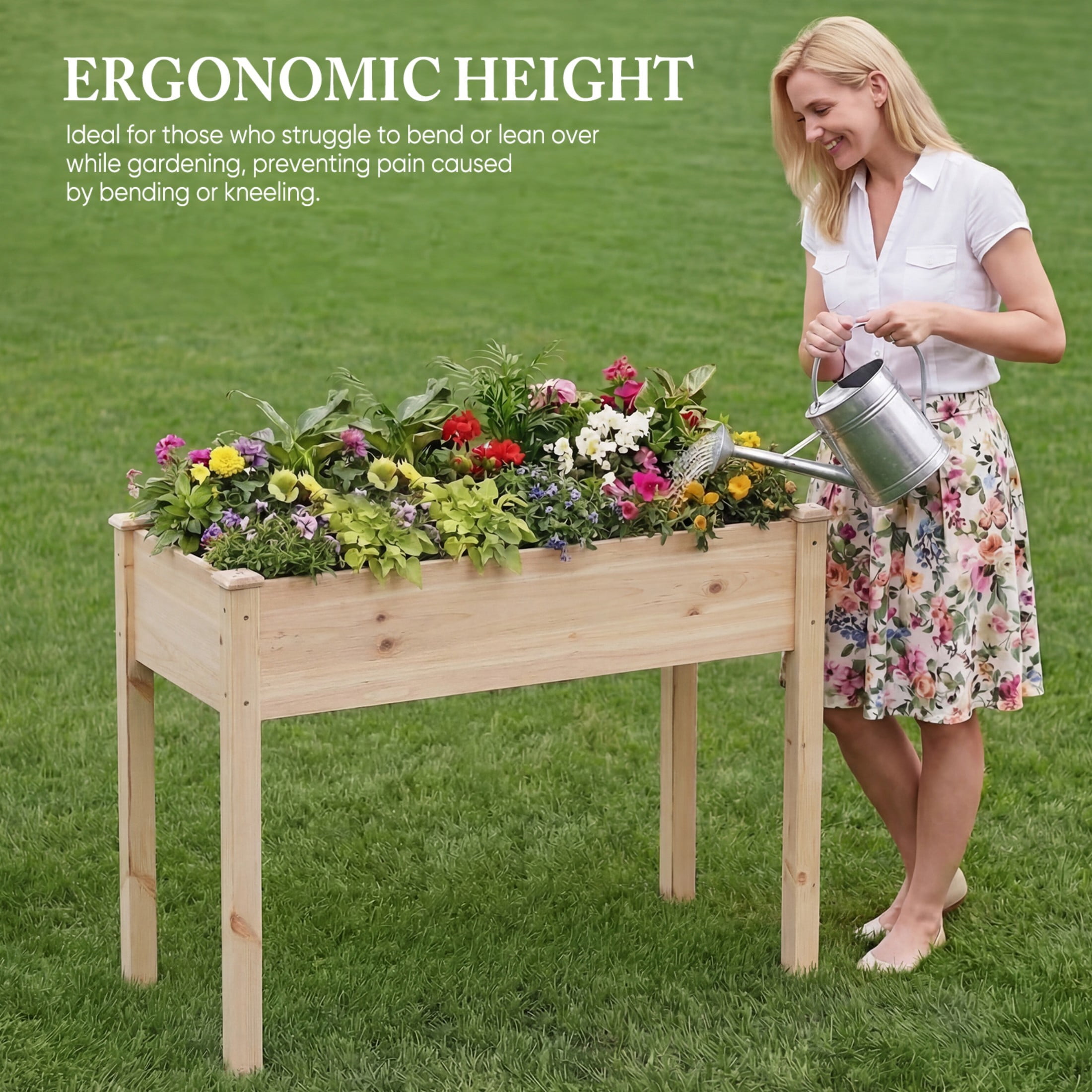 SHOUFTW Elevated Wooden Planter Box-48"x24"x30" Raised Garden Bed with Built-in Drainage & Protective Liner for Backyard, Patio & Balcony, Wooden Color