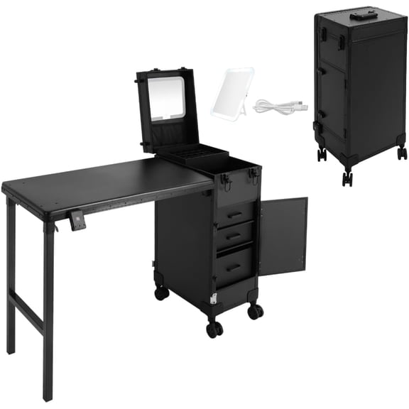 Rolling Manicure Table, Traveling Nail Tech Case with Table, Portable Nail Table with Storage, Lockable Travel Nail Desk with LED Light and Wheels for Barbers & Makeup Enthusiasts (Black)