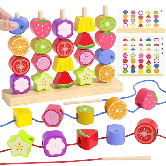 Montessori Toys for 3 4 5 Year Old, Wooden Fruit Toddler Stacking Toys, Stacking Blocks & Lacing Beads & Shape Sorter Toy for Toddler, STEM Preschool Learning Toys Gifts for Kids Boys Girls