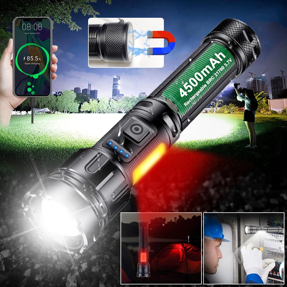 LED Magnetic Flashlight High Lumens 10000 Rechargeable, Super Bright Tactical Flashlights with COB Sidelight Work Light Zoomable Handheld Torch Lamp for Camping -