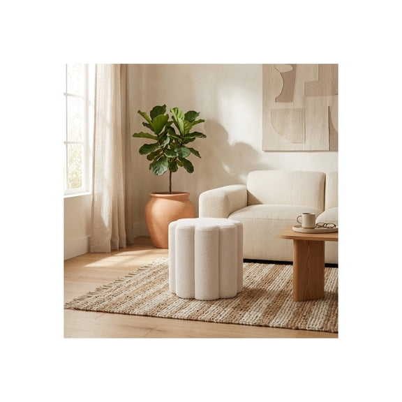 Petal Shaped Boucle Ottoman for Home Decor - Boho Vanity Chair for Bedroom and Office Accent - Foot Rest Stool for Living Room, Reading Nook, and Small Spaces - 18", White